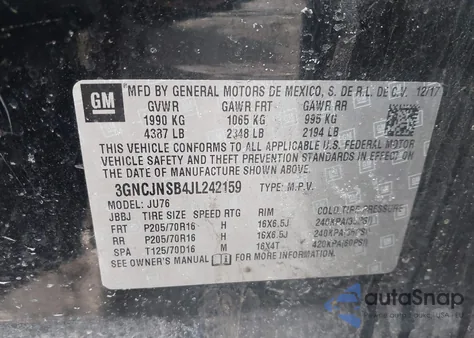 2018 Chevrolet Trax Ls из США, поврежденный, VIN 3GNCJNSB4JL242159